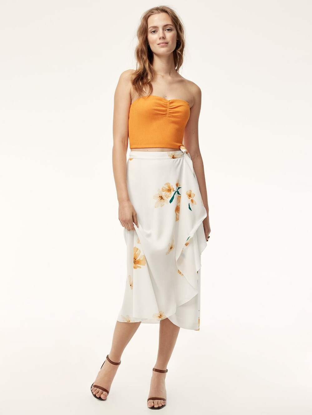 Aritzia Wilfred Eleta Feminine White Floral Wrap Midi Skirt Size Large Casual